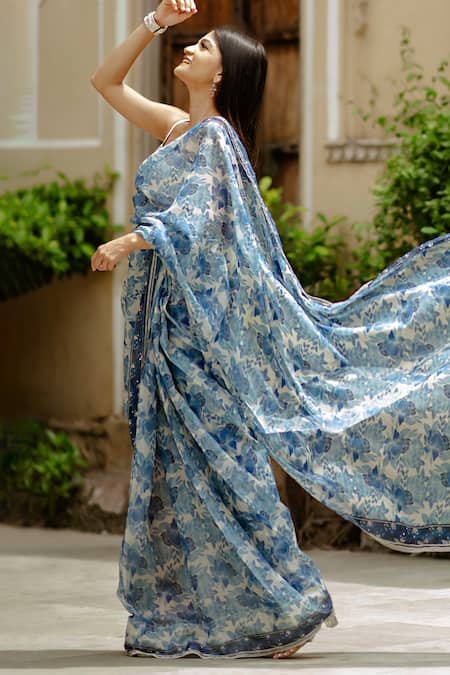 Buy Pasha India Blue Organza, Cotton Embroidery Square Neck Noori Pre-draped Saree With Blouse Online at Aza Fashions Buy_Pasha India_Blue Organza, Cotton Embroidery Square Neck Noori Pre-draped Saree With Blouse _Online_at_Aza_Fashions