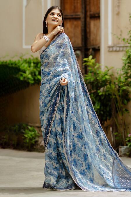 Shop Pasha India Blue Organza, Cotton Embroidery Square Neck Noori Pre-draped Saree With Blouse Online at Aza Fashions Shop_Pasha India_Blue Organza, Cotton Embroidery Square Neck Noori Pre-draped Saree With Blouse _Online_at_Aza_Fashions