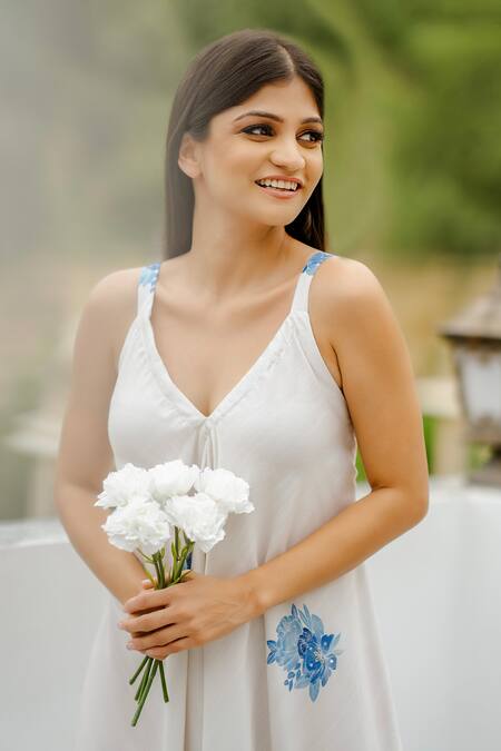 Shop_Pasha India_Cream Cotton, Rayon Embroidery V-neck Seashell Palazzo Jumpsuit_Online_at_Aza_Fashions