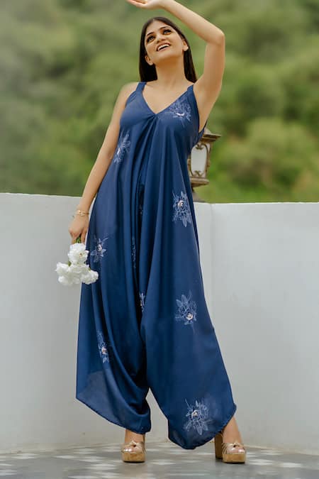 Pasha India_Blue Cotton, Rayon Embroidery V-neck Twilight Palazzo Jumpsuit _Online_at_Aza_Fashions
