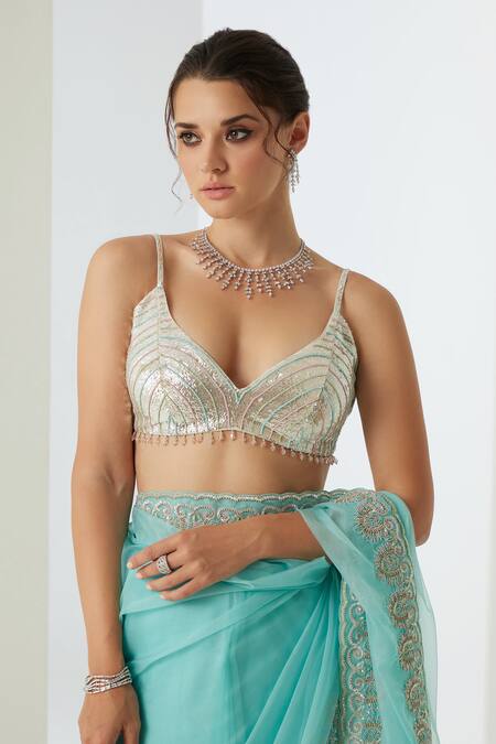 Sureena Chowdhri_Blue Blouse And Saree Organza Embellished Sequin Leaf Neck Border With_at_Aza_Fashions