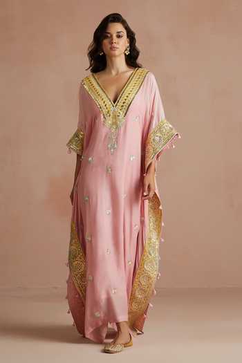 Shop Sureena Chowdhri Pink Kaftan Pure Muslin Embroidered Floral V Neck Gota at Aza Fashions Shop_Sureena Chowdhri_Pink Kaftan Pure Muslin Embroidered Floral V Neck Gota_at_Aza_Fashions