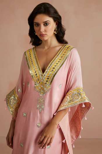 Sureena Chowdhri Pink Kaftan Pure Muslin Embroidered Floral V Neck Gota Online at Aza Fashions Sureena Chowdhri_Pink Kaftan Pure Muslin Embroidered Floral V Neck Gota_Online_at_Aza_Fashions