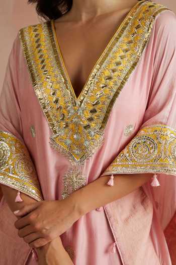 Buy Sureena Chowdhri Pink Kaftan Pure Muslin Embroidered Floral V Neck Gota Online at Aza Fashions Buy_Sureena Chowdhri_Pink Kaftan Pure Muslin Embroidered Floral V Neck Gota_Online_at_Aza_Fashions