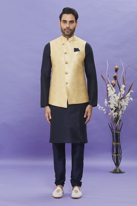 Arihant Rai Sinha Gold Jacquard, Silk Embroidery Floral Bundi Online at Aza Fashions Arihant Rai Sinha_Gold Jacquard, Silk Embroidery Floral Bundi _Online_at_Aza_Fashions