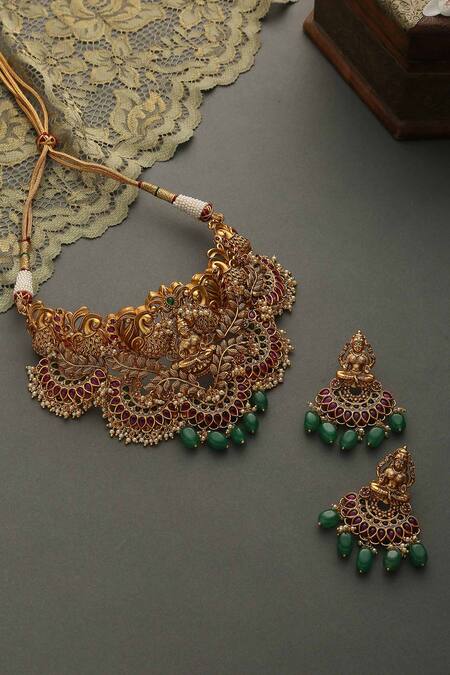 Shop Paisley Pop Gold Plated Pearls, Stones Temple Choker Set at Aza Fashions Shop_Paisley Pop_Gold Plated Pearls, Stones Temple Choker Set_at_Aza_Fashions