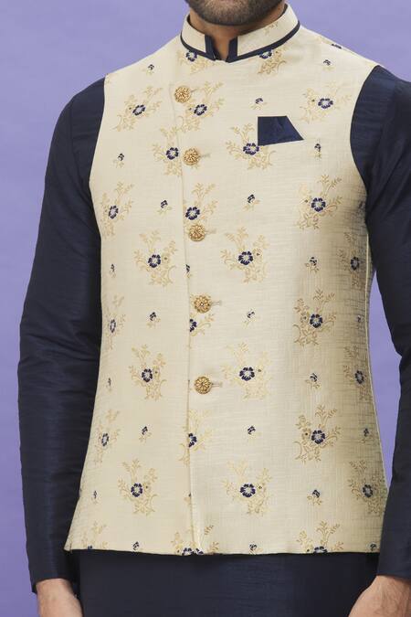 Buy_Arihant Rai Sinha_Cream Jacquard, Silk Embroidery Floral Bundi _Online_at_Aza_Fashions