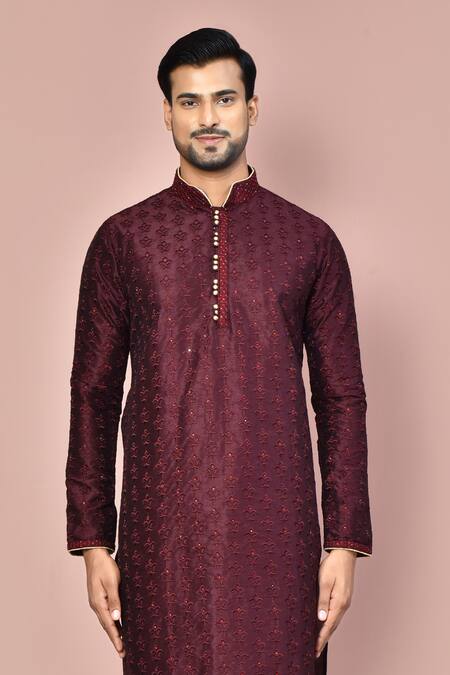 Buy_Arihant Rai Sinha_Wine Silk Embroidery Floral Motif Kurta Set_Online_at_Aza_Fashions