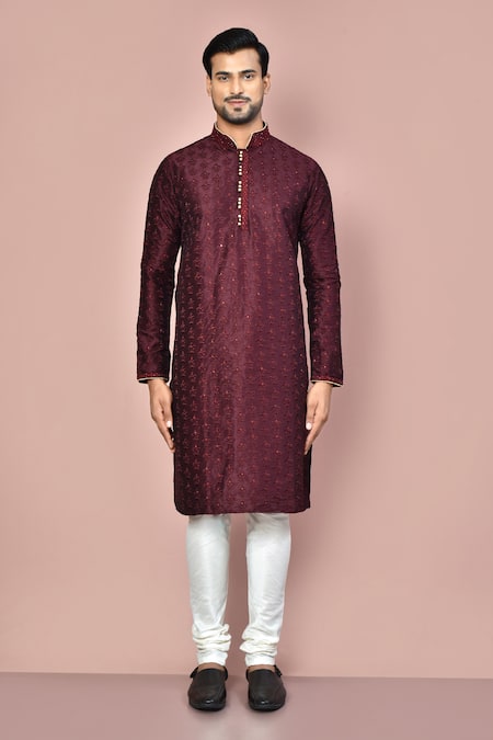 Shop_Arihant Rai Sinha_Wine Silk Embroidery Floral Motif Kurta Set_Online_at_Aza_Fashions