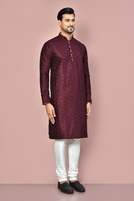 Arihant Rai Sinha_Wine Silk Embroidery Floral Motif Kurta Set_at_Aza_Fashions
