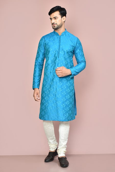 Arihant Rai Sinha Blue Cotton, Silk Embroidery Floral Kurta Set 