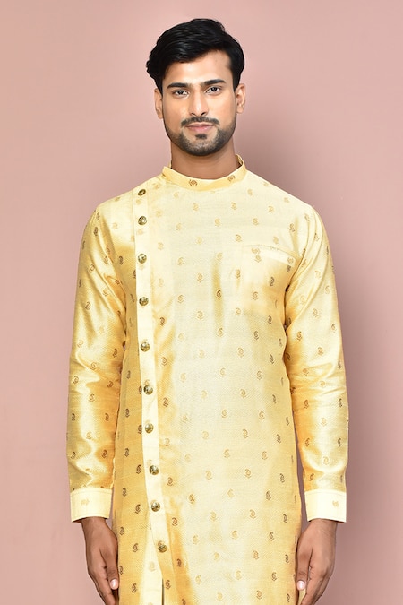 Shop_Arihant Rai Sinha_Brown Cotton, Silk Embroidery Asymmetric Kurta And Pant Set _Online_at_Aza_Fashions