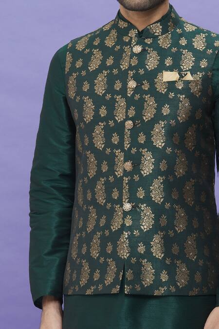 Buy_Arihant Rai Sinha_Green Jacquard, Silk Embroidery Floral Banarasi Bundi _Online_at_Aza_Fashions