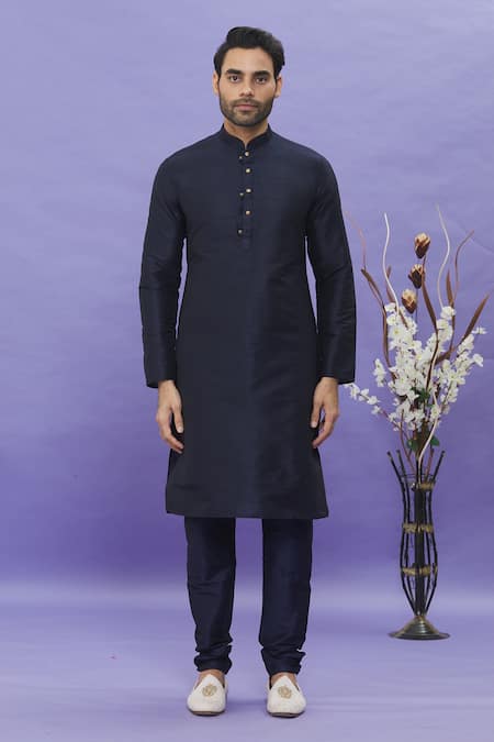 Arihant Rai Sinha_Blue Jacquard, Silk Embroidery Floral Pattern Bundi And Kurta Set _Online_at_Aza_Fashions