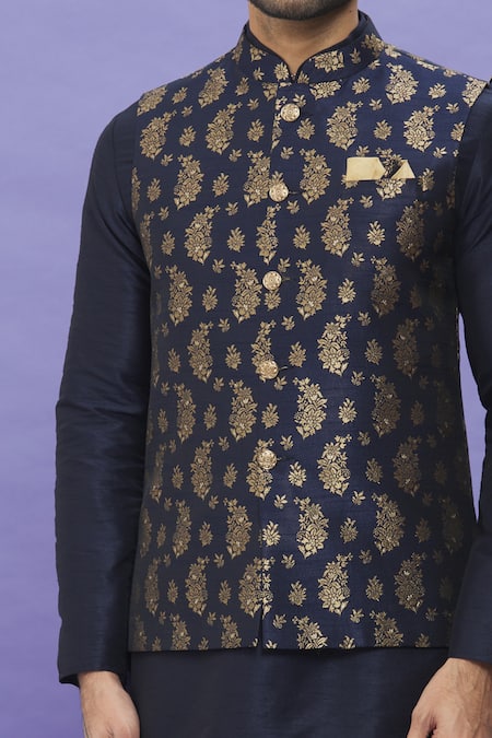 Buy_Arihant Rai Sinha_Blue Jacquard, Silk Embroidery Floral Banarasi Bundi _Online_at_Aza_Fashions