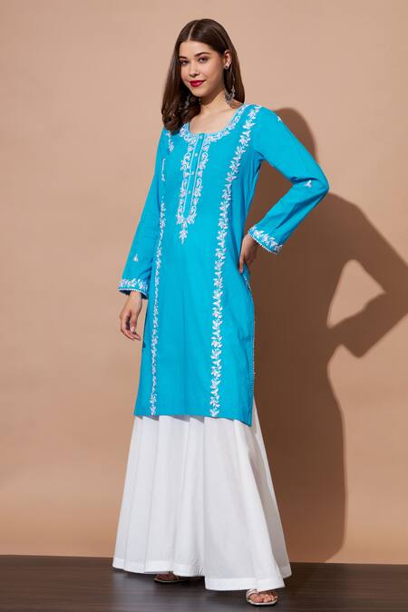 Shetab Kazmi Blue Cotton Pearls, Gota Patti Round Neck Aari Embroidered Kurta And Gharara Set Online at Aza Fashions Shetab Kazmi_Blue Cotton Pearls, Gota Patti Round Neck Aari Embroidered Kurta And Gharara Set _Online_at_Aza_Fashions