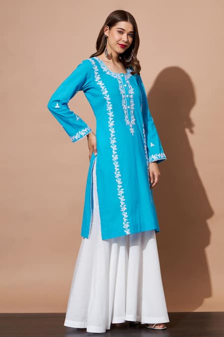 Buy Shetab Kazmi Blue Cotton Pearls, Gota Patti Round Neck Aari Embroidered Kurta And Gharara Set Online at Aza Fashions Buy_Shetab Kazmi_Blue Cotton Pearls, Gota Patti Round Neck Aari Embroidered Kurta And Gharara Set _Online_at_Aza_Fashions