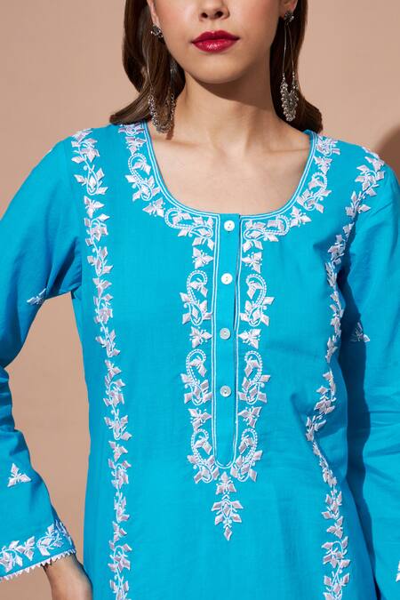 Shop Shetab Kazmi Blue Cotton Pearls, Gota Patti Round Neck Aari Embroidered Kurta And Gharara Set Online at Aza Fashions Shop_Shetab Kazmi_Blue Cotton Pearls, Gota Patti Round Neck Aari Embroidered Kurta And Gharara Set _Online_at_Aza_Fashions