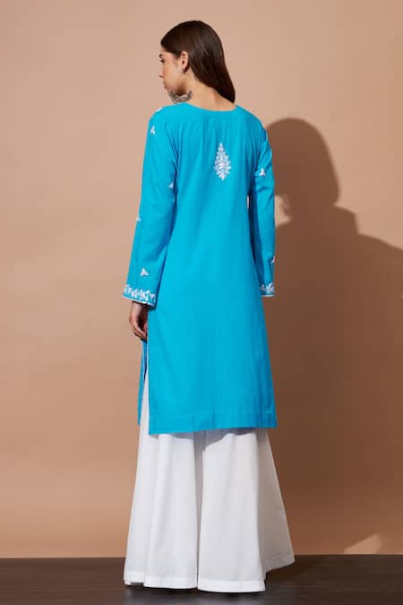 Shop Shetab Kazmi Blue Cotton Pearls, Gota Patti Round Neck Aari Embroidered Kurta And Gharara Set at Aza Fashions Shop_Shetab Kazmi_Blue Cotton Pearls, Gota Patti Round Neck Aari Embroidered Kurta And Gharara Set _at_Aza_Fashions