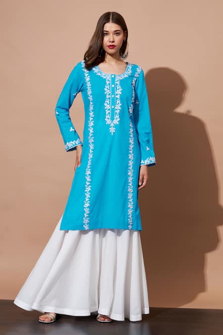 Shetab Kazmi Blue Cotton Pearls, Gota Patti Round Neck Aari Embroidered Kurta And Gharara Set at Aza Fashions Shetab Kazmi_Blue Cotton Pearls, Gota Patti Round Neck Aari Embroidered Kurta And Gharara Set _at_Aza_Fashions