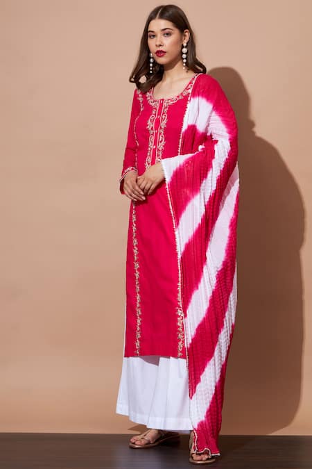 Shetab Kazmi_Fuchsia Cotton Pearls, Gota Patti, Cut Work Aari Embroidered Kurta Palazzo Set _Online_at_Aza_Fashions