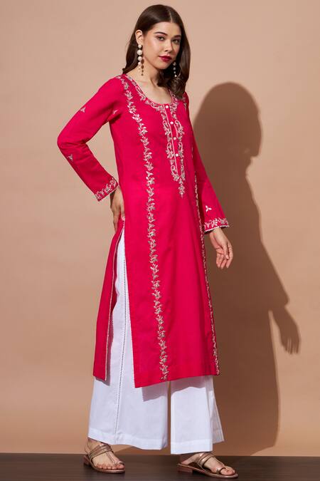 Buy_Shetab Kazmi_Fuchsia Cotton Pearls, Gota Patti, Cut Work Aari Embroidered Kurta Palazzo Set _Online_at_Aza_Fashions