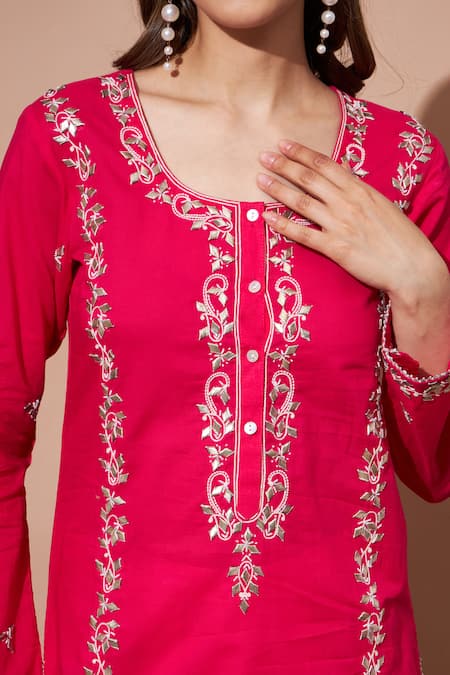 Shop_Shetab Kazmi_Fuchsia Cotton Pearls, Gota Patti, Cut Work Aari Embroidered Kurta Palazzo Set _Online_at_Aza_Fashions