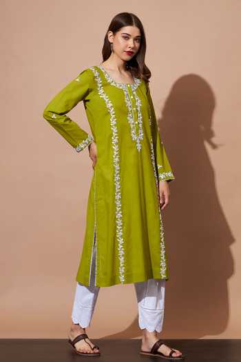 Buy_Shetab Kazmi_Green Cotton Pearls, Embroidery Round Neck Floral Aari Work Kurta And Salwar Set _Online_at_Aza_Fashions