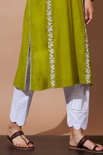 Shop_Shetab Kazmi_Green Cotton Pearls, Embroidery Round Neck Floral Aari Work Kurta And Salwar Set _Online_at_Aza_Fashions