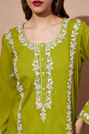 Shetab Kazmi_Green Cotton Pearls, Embroidery Round Neck Floral Aari Work Kurta And Salwar Set _at_Aza_Fashions