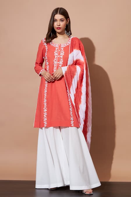 Shetab Kazmi_Orange Cotton Pearls, Gota Patti Round Neck Aari Embroidered Kurta Sharara Set _Online_at_Aza_Fashions