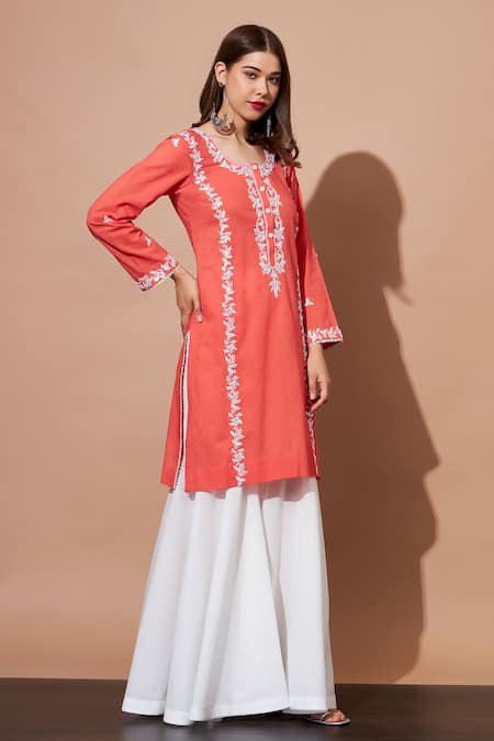 Buy_Shetab Kazmi_Orange Cotton Pearls, Gota Patti Round Neck Aari Embroidered Kurta Sharara Set _Online_at_Aza_Fashions
