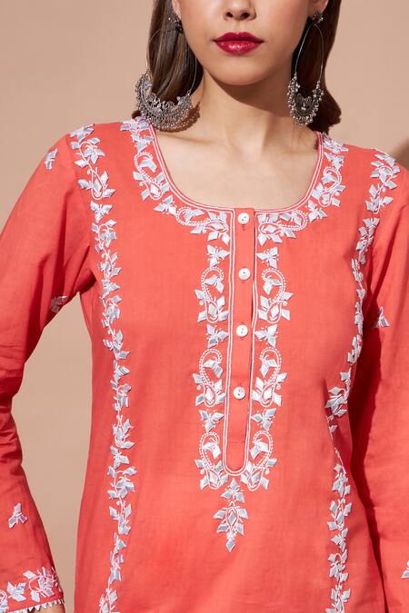 Shetab Kazmi_Orange Cotton Pearls, Gota Patti Round Neck Aari Embroidered Kurta Sharara Set _at_Aza_Fashions