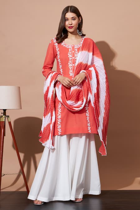 Shetab Kazmi - Orange Pure Cotton Hand Embroidered Pearl Aari Kurta Sharara  Set For Women