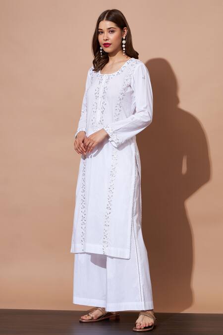 Shetab Kazmi White Cotton Pearls Round Neck Aari Work Kurta And Palazzo Set Online at Aza Fashions Shetab Kazmi_White Cotton Pearls Round Neck Aari Work Kurta And Palazzo Set _Online_at_Aza_Fashions