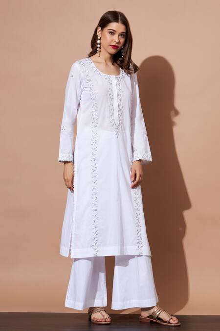 Buy Shetab Kazmi White Cotton Pearls Round Neck Aari Work Kurta And Palazzo Set Online at Aza Fashions Buy_Shetab Kazmi_White Cotton Pearls Round Neck Aari Work Kurta And Palazzo Set _Online_at_Aza_Fashions