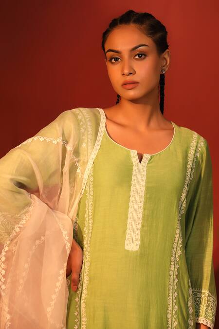 Shetab Kazmi_Green Chanderi, Cotton Embroidery, Lace Split Sabz Thread Kurta Palazzo Set _Online_at_Aza_Fashions