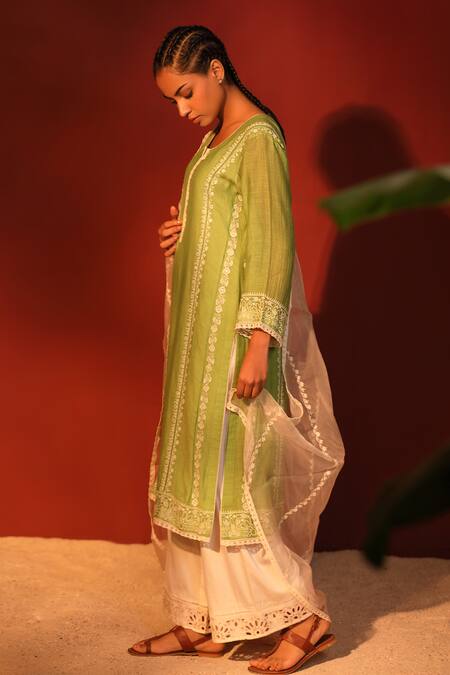 Buy_Shetab Kazmi_Green Chanderi, Cotton Embroidery, Lace Split Sabz Thread Kurta Palazzo Set _Online_at_Aza_Fashions