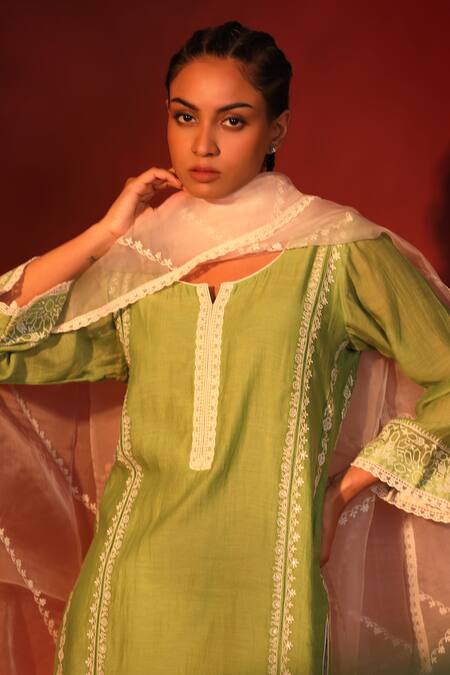 Shop_Shetab Kazmi_Green Chanderi, Cotton Embroidery, Lace Split Sabz Thread Kurta Palazzo Set _Online_at_Aza_Fashions