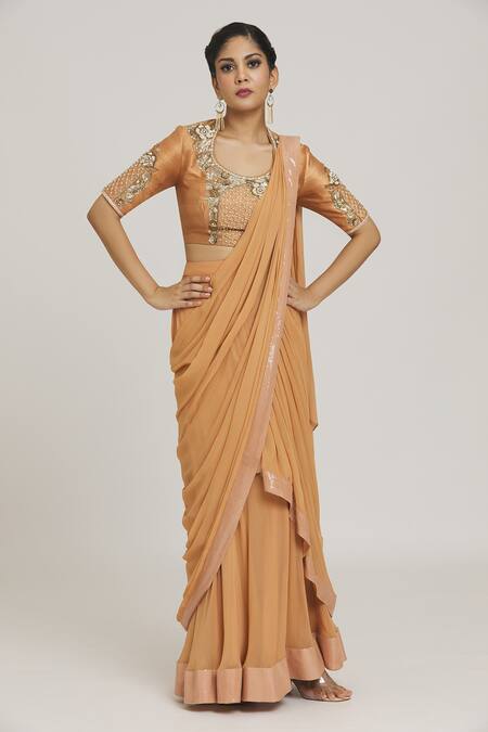 Buy_NIDHIKA SHEKHAR_Yellow Embroidered Round Pre-draped Saree With Blouse 