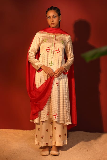 Shop_Shetab Kazmi_Cream Satin Embroidery Round Neck Geometric Hand Block Printed Kurta Set_Online_at_Aza_Fashions