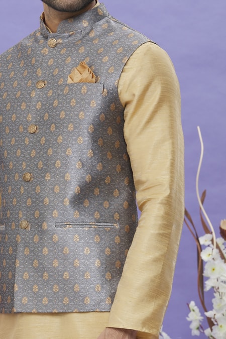 Buy_Arihant Rai Sinha_Gray Jacquard, Silk Embroidery Grey Floral Bundi _Online_at_Aza_Fashions