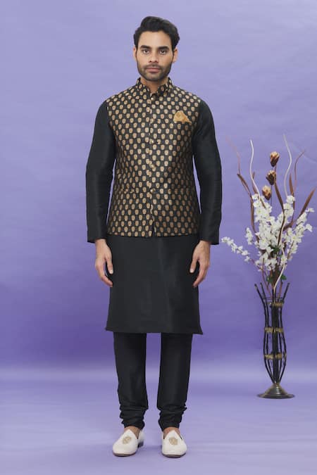 Arihant Rai Sinha Black Jacquard, Silk Embroidery Floral Bundi Online at Aza Fashions Arihant Rai Sinha_Black Jacquard, Silk Embroidery Floral Bundi _Online_at_Aza_Fashions