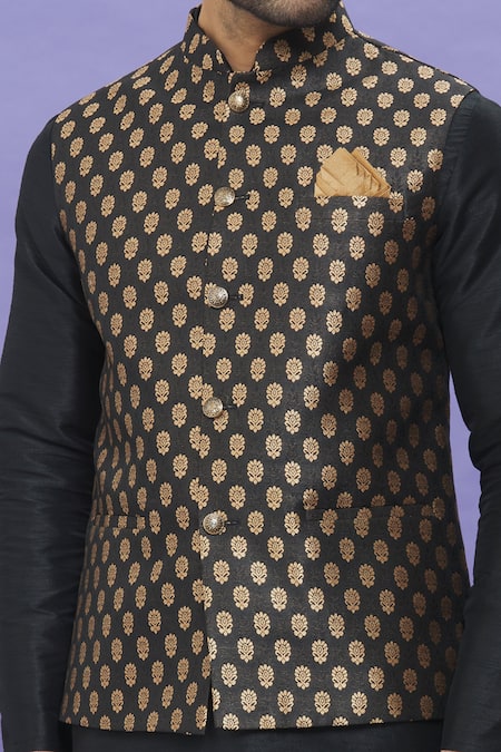Buy Arihant Rai Sinha Black Jacquard, Silk Embroidery Floral Bundi Online at Aza Fashions Buy_Arihant Rai Sinha_Black Jacquard, Silk Embroidery Floral Bundi _Online_at_Aza_Fashions