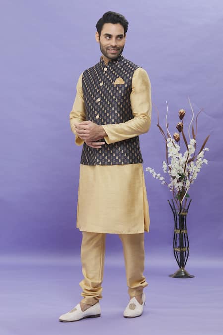 Arihant Rai Sinha_Beige Jacquard, Silk Embroidery Sleeveless Floral Bundi _Online_at_Aza_Fashions