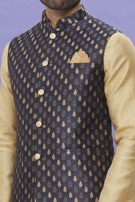 Buy_Arihant Rai Sinha_Beige Jacquard, Silk Embroidery Sleeveless Floral Bundi _Online_at_Aza_Fashions