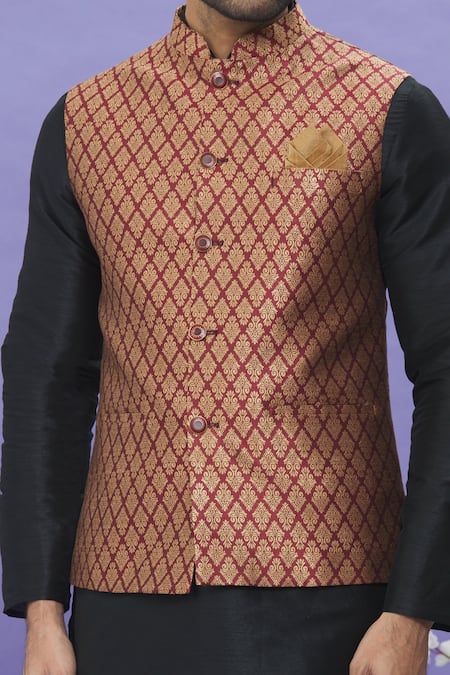 Shop_Arihant Rai Sinha_Maroon Brocade, Silk Embroidery Floral Pattern Bundi And Kurta Set _Online_at_Aza_Fashions