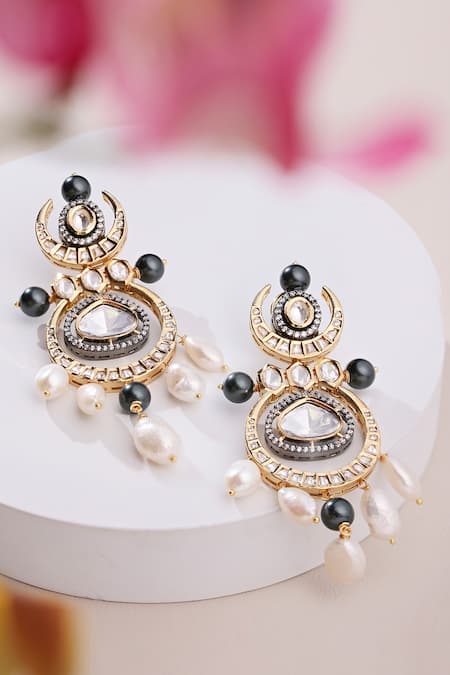 Shop Joules By Radhika Gold Plated Pearls, Diamonds Kundan Polki Chandelier Earrings at Aza Fashions Shop_Joules By Radhika_Gold Plated Pearls, Diamonds Kundan Polki Chandelier Earrings _at_Aza_Fashions