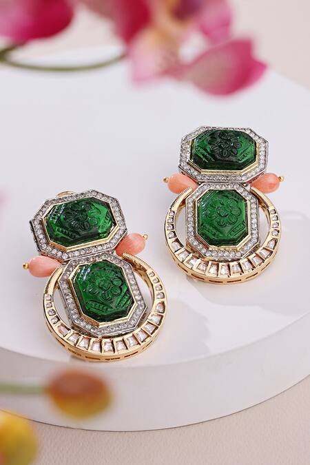 Shop Joules by Radhika Green Onyx Antique Polki Dangler Crescent Earrings at Aza Fashions Shop_Joules by Radhika_Green Onyx Antique Polki Dangler Crescent Earrings_at_Aza_Fashions
