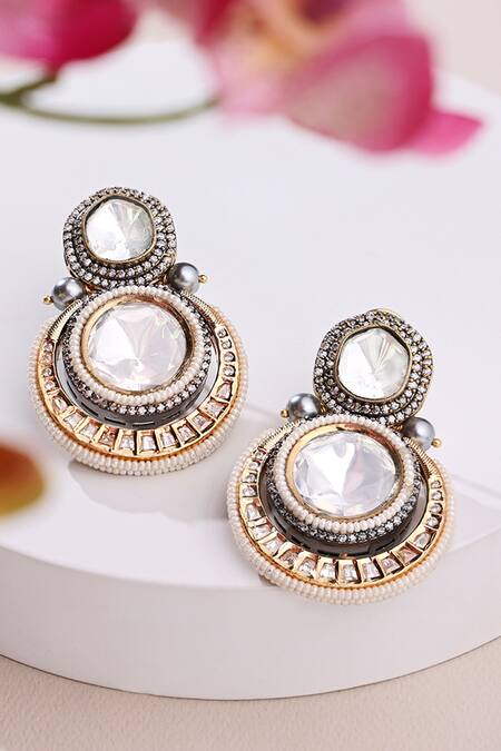 Shop Joules by Radhika Gold Plated Pearls, Crystals, Diamonds Antique Polki Dangler Earrings at Aza Fashions Shop_Joules by Radhika_Gold Plated Pearls, Crystals, Diamonds Antique Polki Dangler Earrings_at_Aza_Fashions